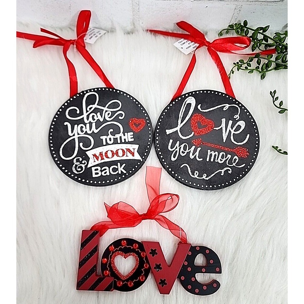 Valentines Day Ornaments Hearts Love You More To Moon Black Red Glitter 3 Pc NEW